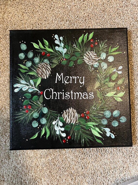 Christmas Wreath Acrylic Painting on Canvas With Black Background