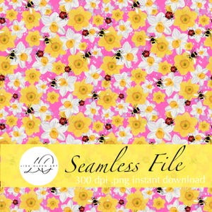 May include: A seamless digital paper pattern featuring yellow daffodils, red ladybugs, and black and yellow bumblebees on a pink background. The text "Seamless File 300 dpi .png instant download" is at the bottom of the image.