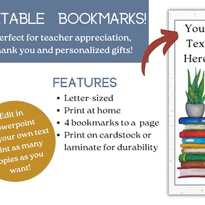 Imprimible y editable, personalice una pila de libros con un juego de marcapáginas de plantas, para el regreso a clases, agradecimiento a los maestros, idea de regalo de agradecimiento