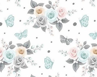 Tissu fleurs popeline coton imprimée motifs fleuri sur fond blanc