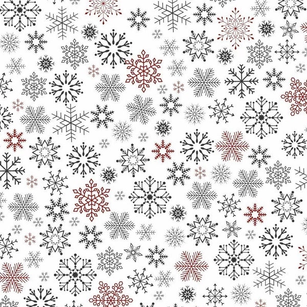 Tissu de noël flocons de neige rouge et gris sur fond blanc popeline de coton couture au mètre.