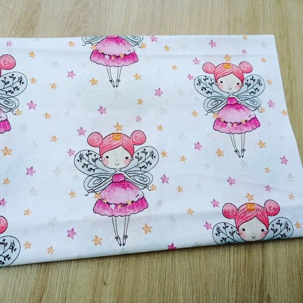 Tissu fille, bébé coton motifs fée rose Oeko tex. Tissu enfant au mètre france.