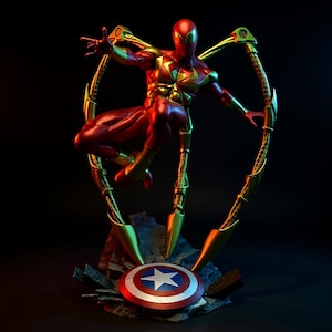May include: A dynamic statue of a superhero in a red and gold suit, poised in mid-air with mechanical arms extending from its back. The figure is set against a dark background, with a Captain America shield at its feet.