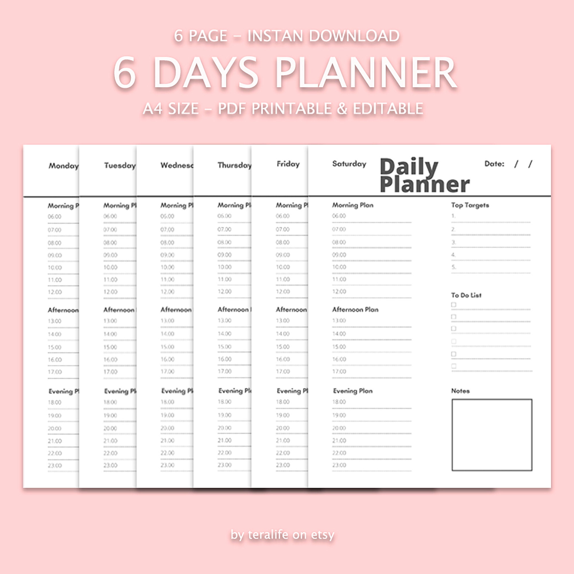 6 day planner printable daily planner weekly planner daily etsy
