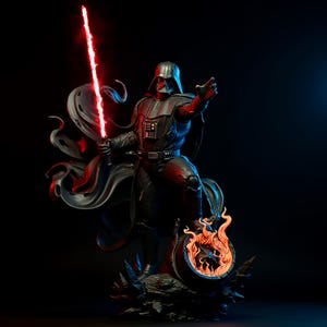 May include: A detailed statue of Darth Vader, a character from Star Wars, holding a red lightsaber. The figure is in a dynamic pose, with a black cape and helmet. The base features flames and a dark, textured surface.