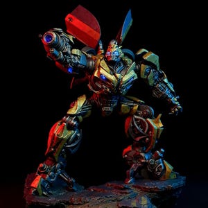 May include: A detailed, action figure of a robot in a dynamic pose. The figure is primarily yellow and blue, with red and silver accents. It has a large weapon on its right arm and is set against a dark background.