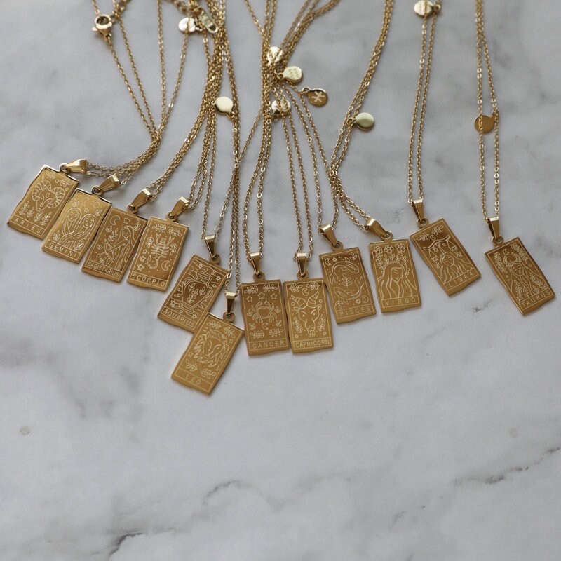 Zodiac Tarot Necklace 18k Gold Plated Tarot Card Necklace Zodiac Pend…