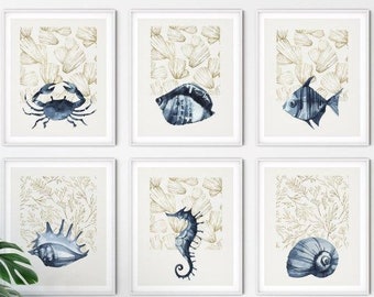 Set of 6 Coastal Wall Art, Wall Art Prints, Nautical Wall Art, Coral Print, Beach Print, Blue Sea life Art, Printable Art, Large Wall Art