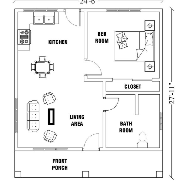 Custom Granny's Tiny House Plans (24'x27')1 Bed & 1 Bath Room with free Original CAD File ( Get This Offer Before end )