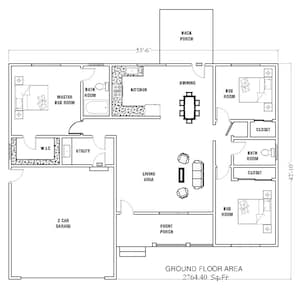 Piani personalizzati della fattoria / 3 letti e 2 bagni con file CAD originale gratuito