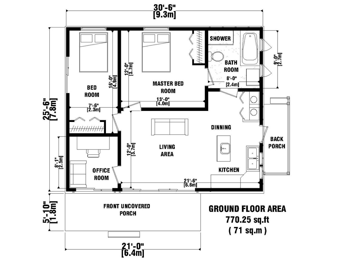 2 Bedroom 1 Kitchen 1 Bathroom House Plans