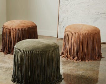 Premium Real Leather Suede Ottoman Pouf with Western Fringe Detail