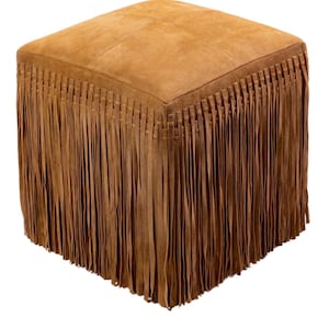 Premium Real Leather Suede Square Ottoman Pouf with Western Fringe Detail Brown