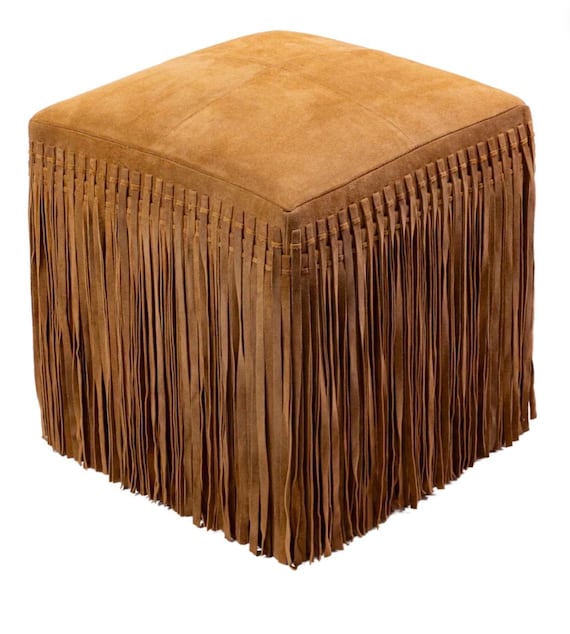 Premium Real Leather Suede Square Ottoman Pouf with Western Fringe Detail