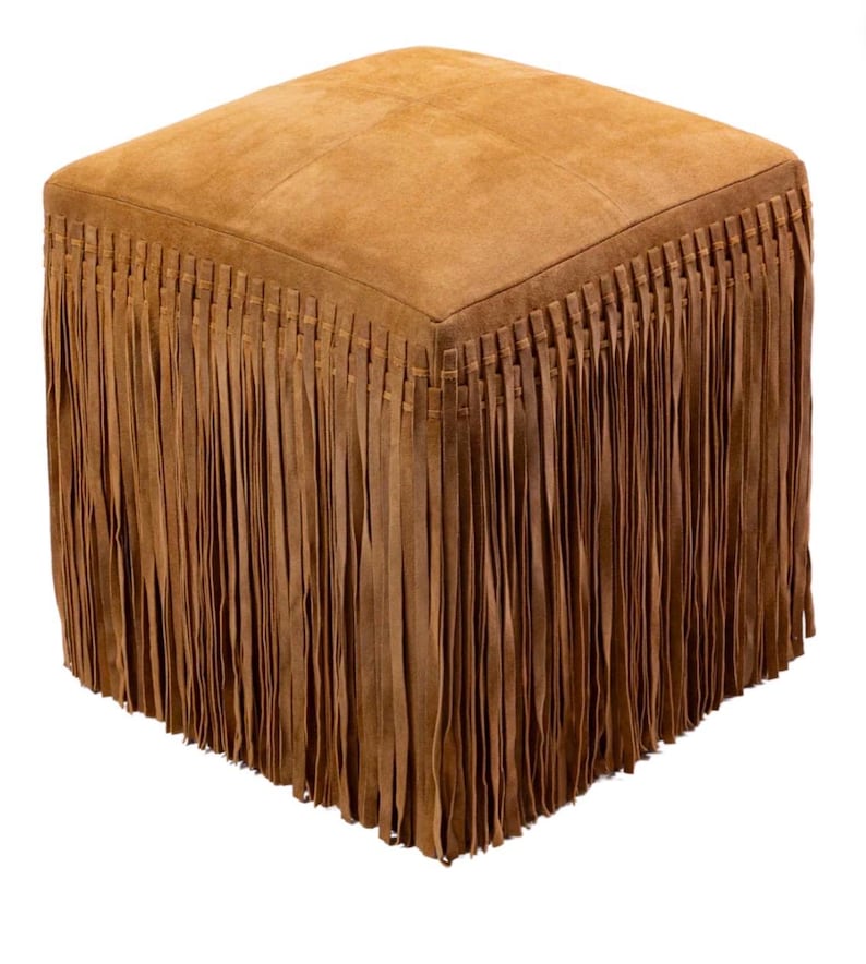 Premium Real Leather Suede Square Ottoman Pouf with Western Fringe Detail Brown