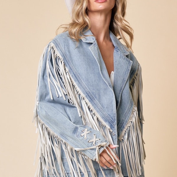 Fringe Jean Jacket , Fringed Sleeved Designed Denim Jacket, Loose Fitting Jacket , Tassel Denim Jacket, Boho Tassel, Westcoast Cowgirl