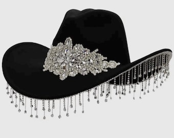Black Rhinestone Fringe Cowboy Hat, Bridal Cowgirl Hat - Etsy
