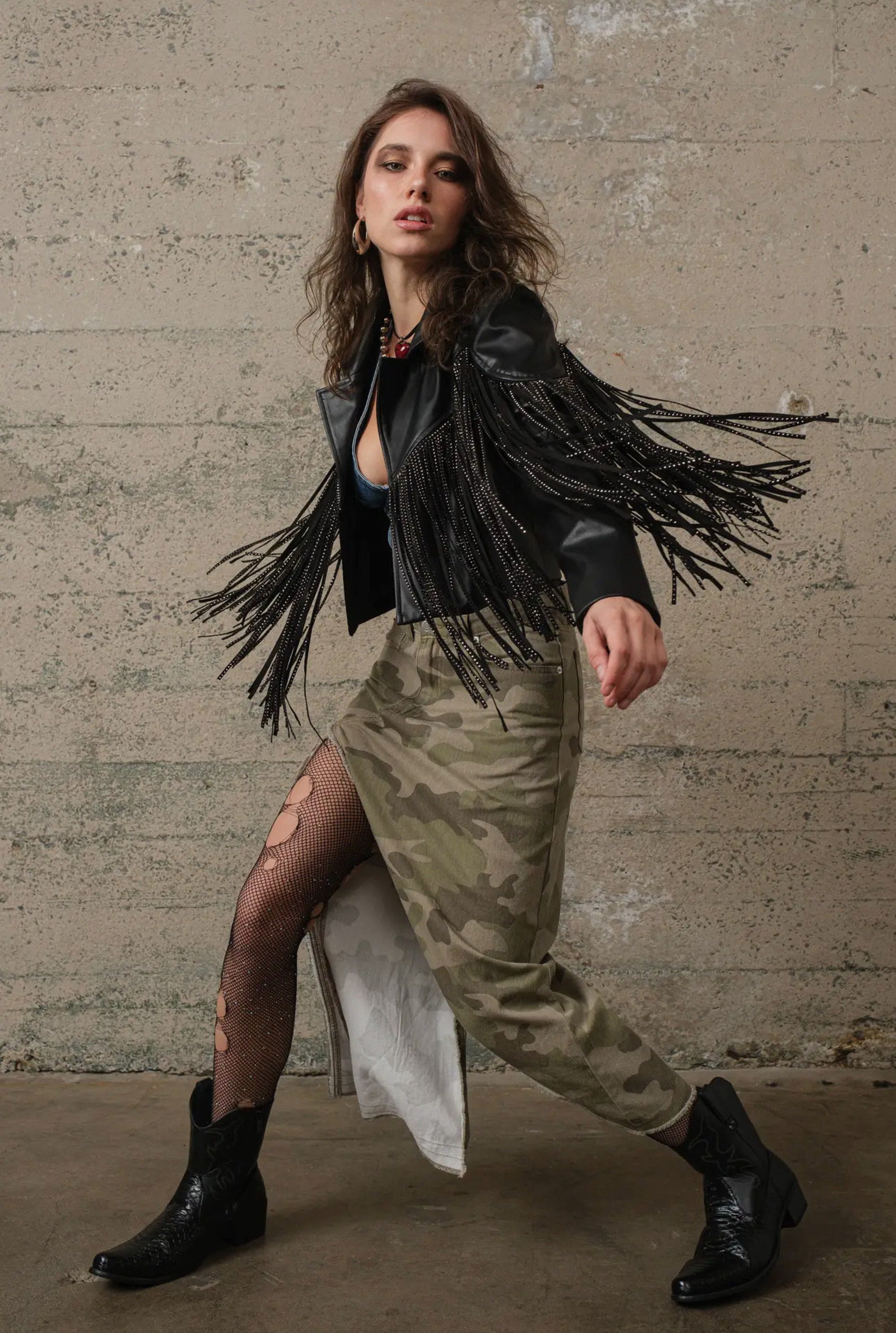 Black Stud Leather Fringe Back Fringe Trim Sleeves Motorcycle Jacket