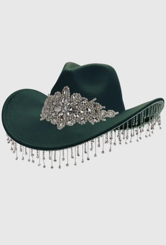 Green Rhinestones Fringe Western Hat, Cowboy Hat, Rodeo Hat