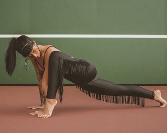 Leggings de yoga rabattables à franges noirs, leggings à pampilles, pantalon bohème à pampilles, leggings western