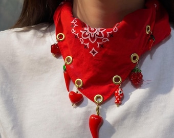 Cherry Charm Bandana Necklace Scarf – Western Boho Statement Neck Scarf