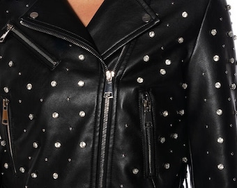 Black Vegan Leather Motorcycle Jacket with Silver Rhinestones Stud Design! Cute Zip-up Biker Jacket with Pockets, Cowboy, and Rodeo Jacket