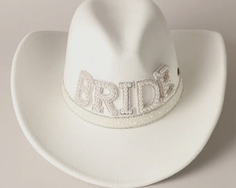 White Bride Pearl Western Hat, Cowboy hat, Rodeo hat, Bachelorette hat! Glam Cowgirl Hat! Birthday Hat! Western Hat!