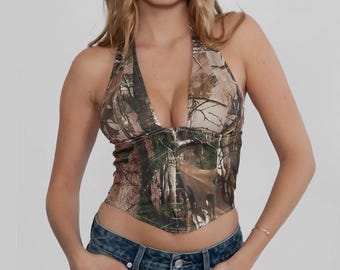 Camo Western Halter Bustier – Printed Camouflage Cowgirl Crop Top for Rodeo & Country-Inspired Fashion