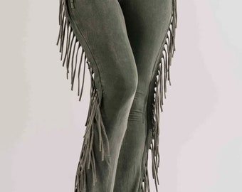 Mineral Wash Fringe Yoga Pants – Boho Tassel Leggings for Western Festival & Coastal Cowgirl Style