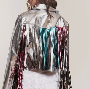 Vegan Leather Glitzy Motorcycle Jacket with multi colored Crome Design and Silver, Pink and Blue Fringe Trim Sleeves and Fringe back!