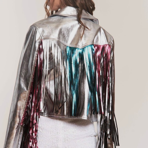 Vegan Leather Glitzy Motorcycle Jacket with multi colored Crome Design and Silver, Pink and Blue Fringe Trim Sleeves and Fringe back!