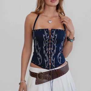 Denim Blue Embroidered Western Corset Crop Top – Rayon Lace-Up Cowgirl Tube Top with Cotton Studded Detail for Bachelorette & Rodeo Wear