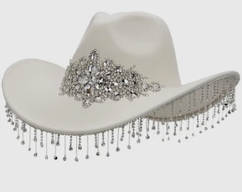 Créme Rhinestones Fringe Western Hat, Cowboy hat, Rodeo hat, Bachelorette hat! Glam Cowgirl Hat! Birthday Hat! Western Hat!
