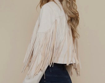 Creme Vegan Suede Fringe Moto Jacket – Western Faux Leather Biker Style with Tassel Sleeves & Back