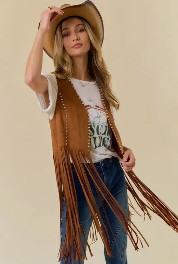 Brown Faux Fringe Suede Vest Studd Suede Open Front Vest Western Fringe Vest Coastal Cowgirl Vest Festival Vest Etsy UK