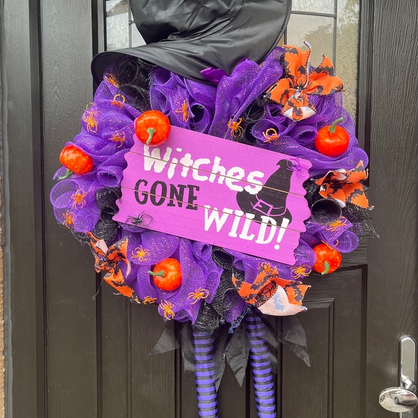 Large Halloween door wreath• Witches Gone Wild• witches hat and  legs wreath• Happy Halloween• Halloween decorations