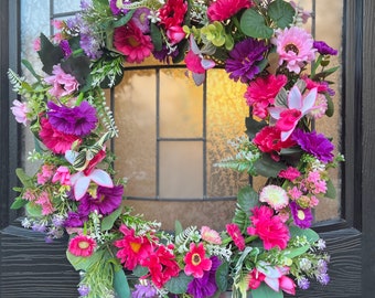 Spring and Summer wreath for your front door, spring summer wreath, gerbera wreath, door wreath, with daisies, tulips, lavender, daffodils,