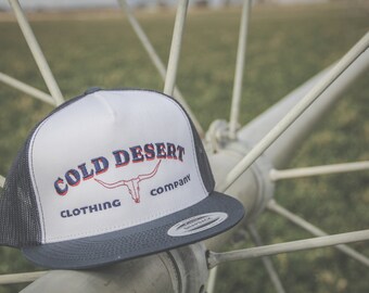 May include: A white and blue trucker hat with a black mesh back. The hat has a red, white, and blue embroidered logo that says "Cold Desert Clothing Company" with a stylized steer skull.