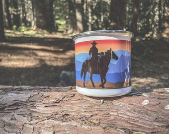 Western Sunset Enamel Mug / Cowboy Coffee Cup / Mountain Camping Mug / Western Coffee Mug / Cold Desert Clothing Company