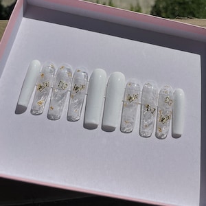 White Marble & Butterfly Press Ons | Extra-Long Square Press-On Nails | Free Shipping | quality luxury and handmade nails | gifts for her