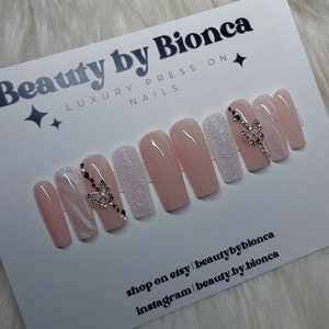 3-D Diamond Butterfly Glitter Press Ons | Baddie Nails | Marble Bridal Nails | quality luxury and handmade nails | gifts for her