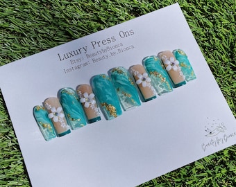 Jade Marble Press On Nails: 3D Flower, French Tip, Handmade Luxury