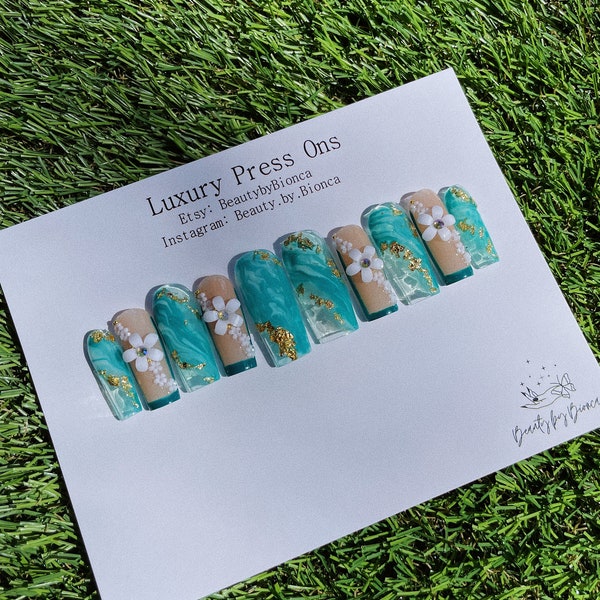 Jade Marble Press On Nails: 3D Flower, French Tip, Handmade Luxury