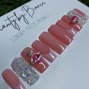 Pretty Pink Pixie Crystal and Rhinestone Press On Nails | Planet Rhinestone | quality luxury and handmade nails | gifts for her