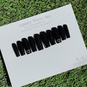 Black Press On Nails with White Heart: Luxury Handmade Gel Nails