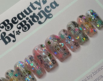 Glitter Kitty Cat Press On Nails: Y2K Rainbow Handmade Luxury