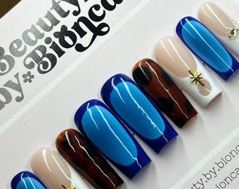 Blue Aura Tortoise Press On Nails: Luxury Fall Nail Set