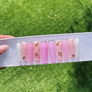 Extra-Long Square Press-On Nails-Pink Marble, Gold Butterfly | Free Shipping | quality luxury and handmade nails | gifts for her