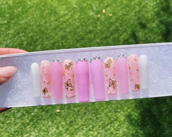 Pink Marble Press-On Nails: Extra Long Square, Gold Butterfly