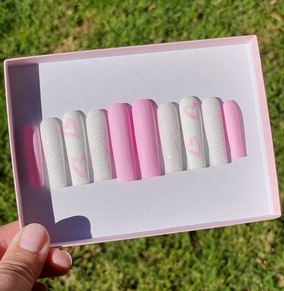 Sugar Glitter Heart Press-On Nails: Extra Long Square Y2K Handmade Nails